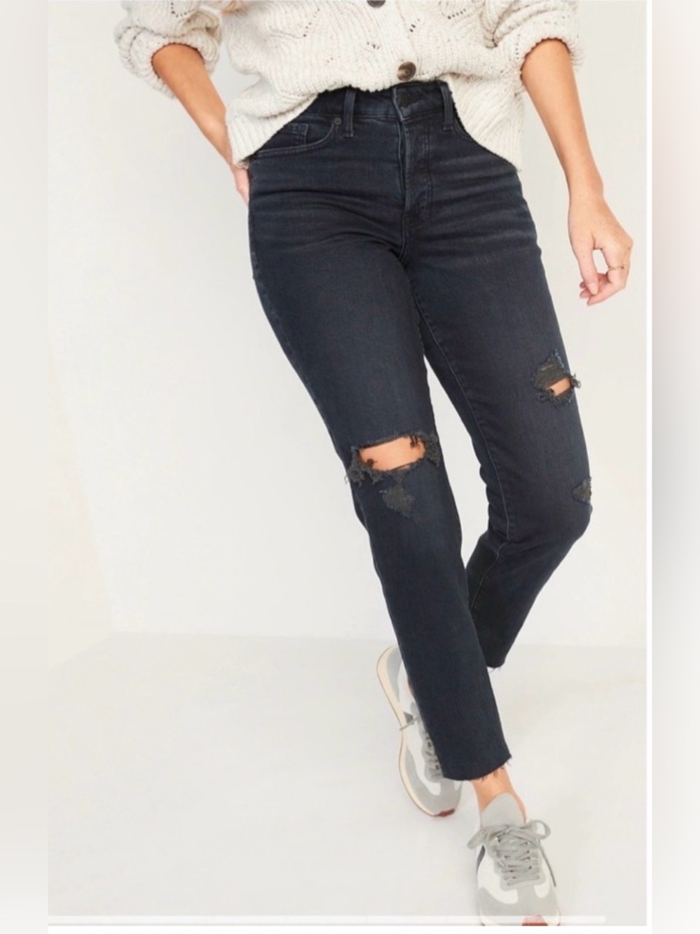 NWT Old Navy High-Rise Black Distressed O.G. Straight Jeans (16)